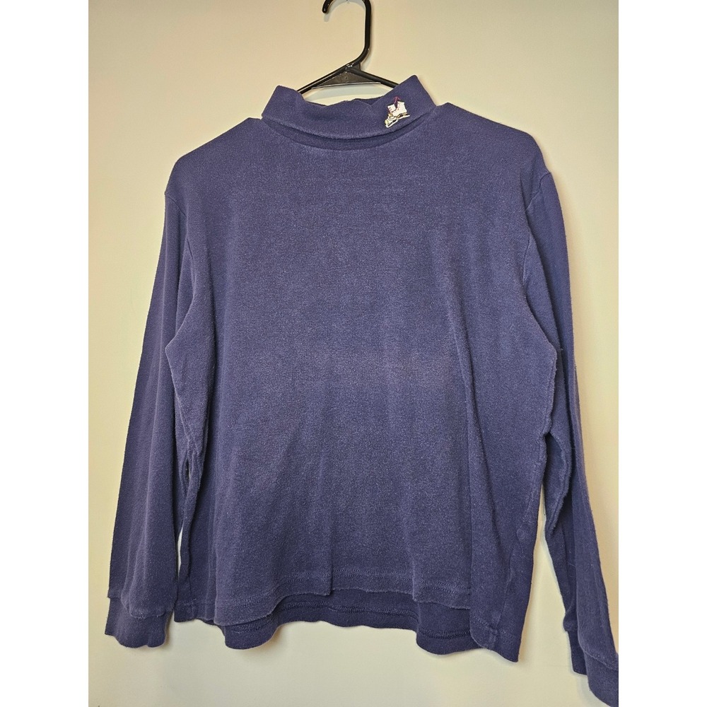 Basic Editions Holiday Navy Blue Mock Neck Ice Skate Embroidered Cotton Top L